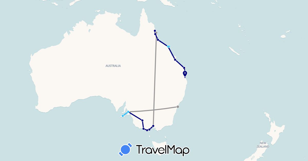 TravelMap itinerary: driving, plane, boat in Australia (Oceania)
